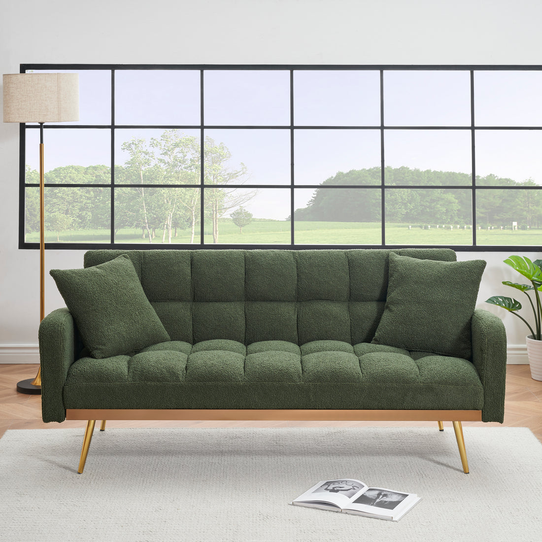 69 "Green Sofa Bed, Adjustable Sofa Teddy 2 Throw Pillows Green Fabric 2 Seat