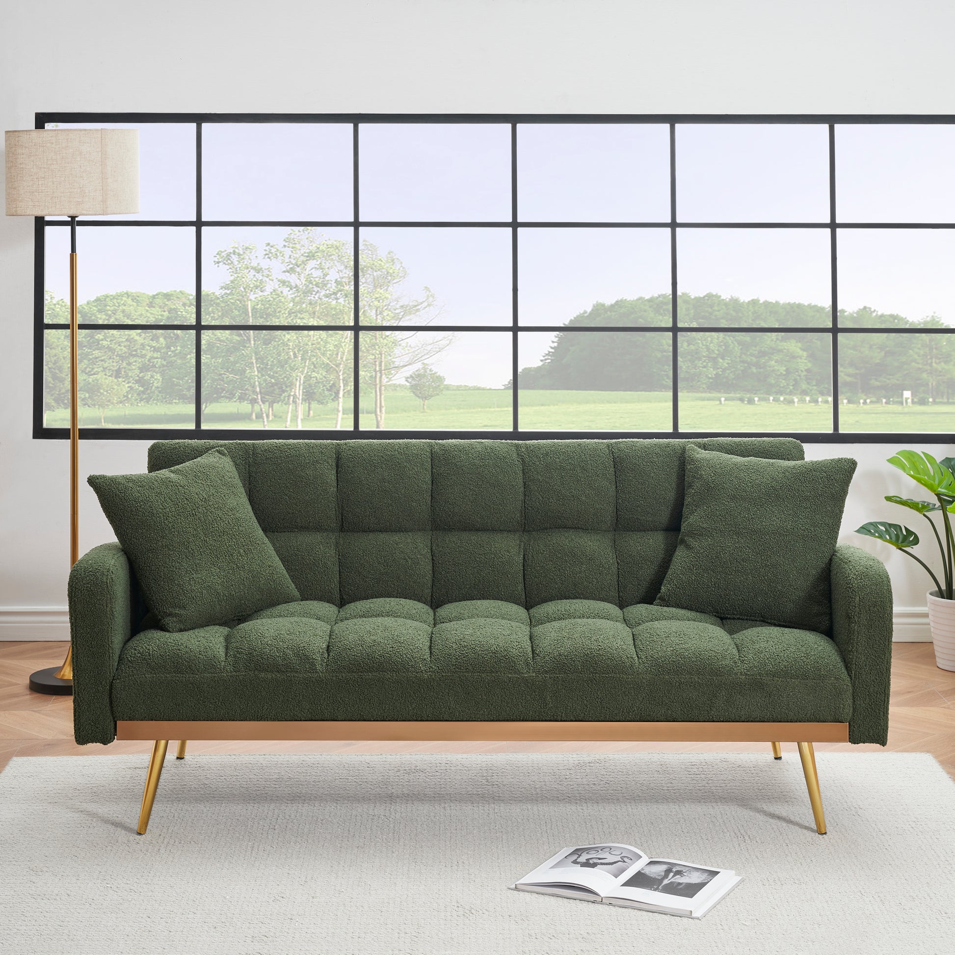 69 "Green Sofa Bed, Adjustable Sofa Teddy 2 Throw Pillows Green Fabric 2 Seat