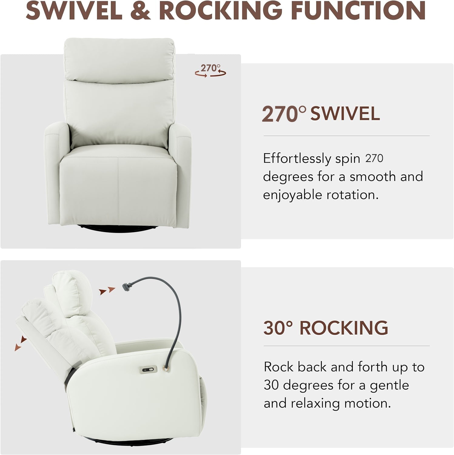 270 Power Swivel Rocker Recliner Chair, Electric Glider Reclining Sofa With Usb Ports, Power Swivel Glider, Rocking Chair Nursery Recliners For Living Room Bedroom Light Gray Solid Light Brown Primary Living Space Push Button Rubberwood Solid Back Wood