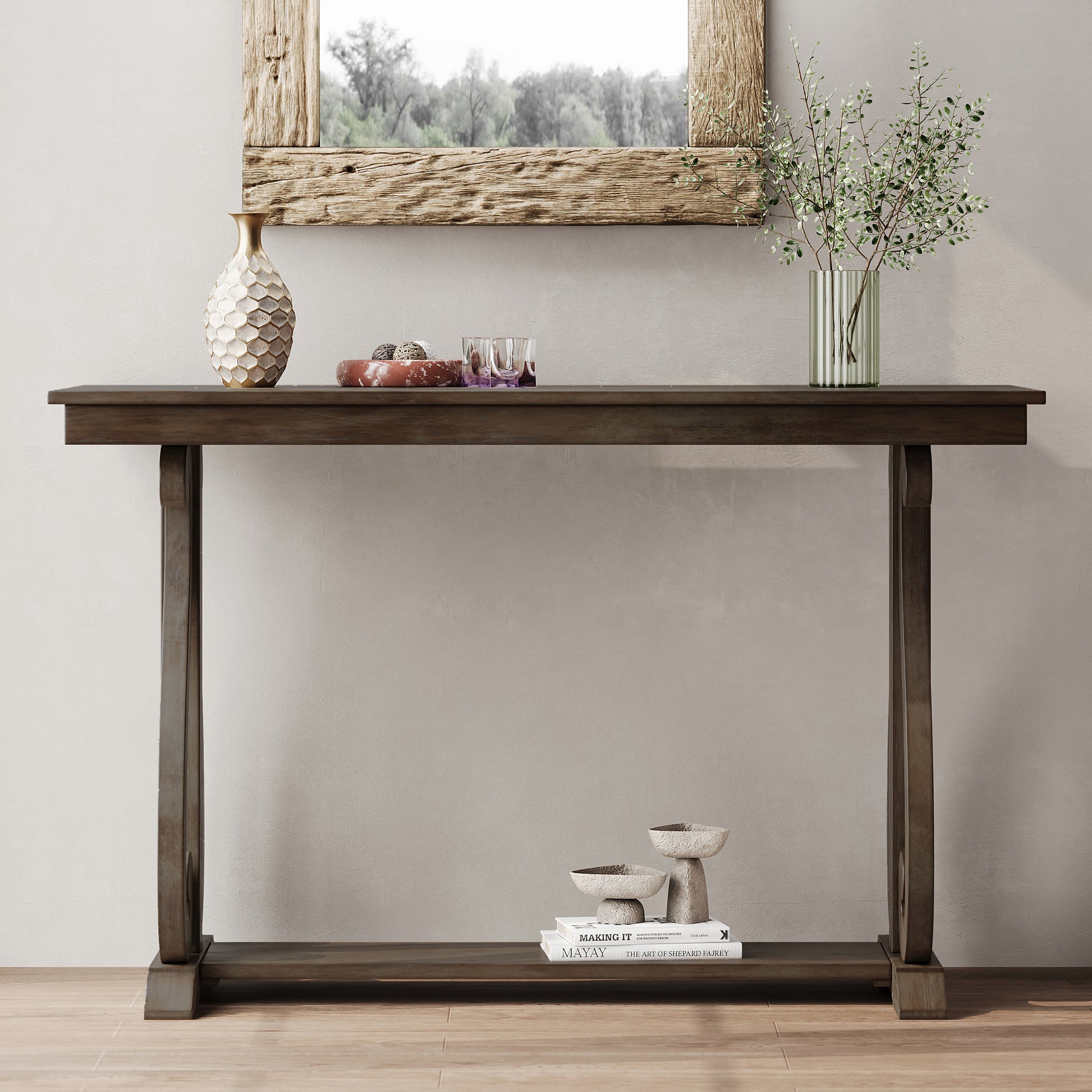48 Inch Rustic Vintage Console Tablefarmhouse Style Entryway Table With Open Shelf And Sturdy Construction For Entryway And Living Room Walnut Walnut Distressed Finish Primary Living Space Antique,Rustic,Vintage Open Storage Console Tables Brushed