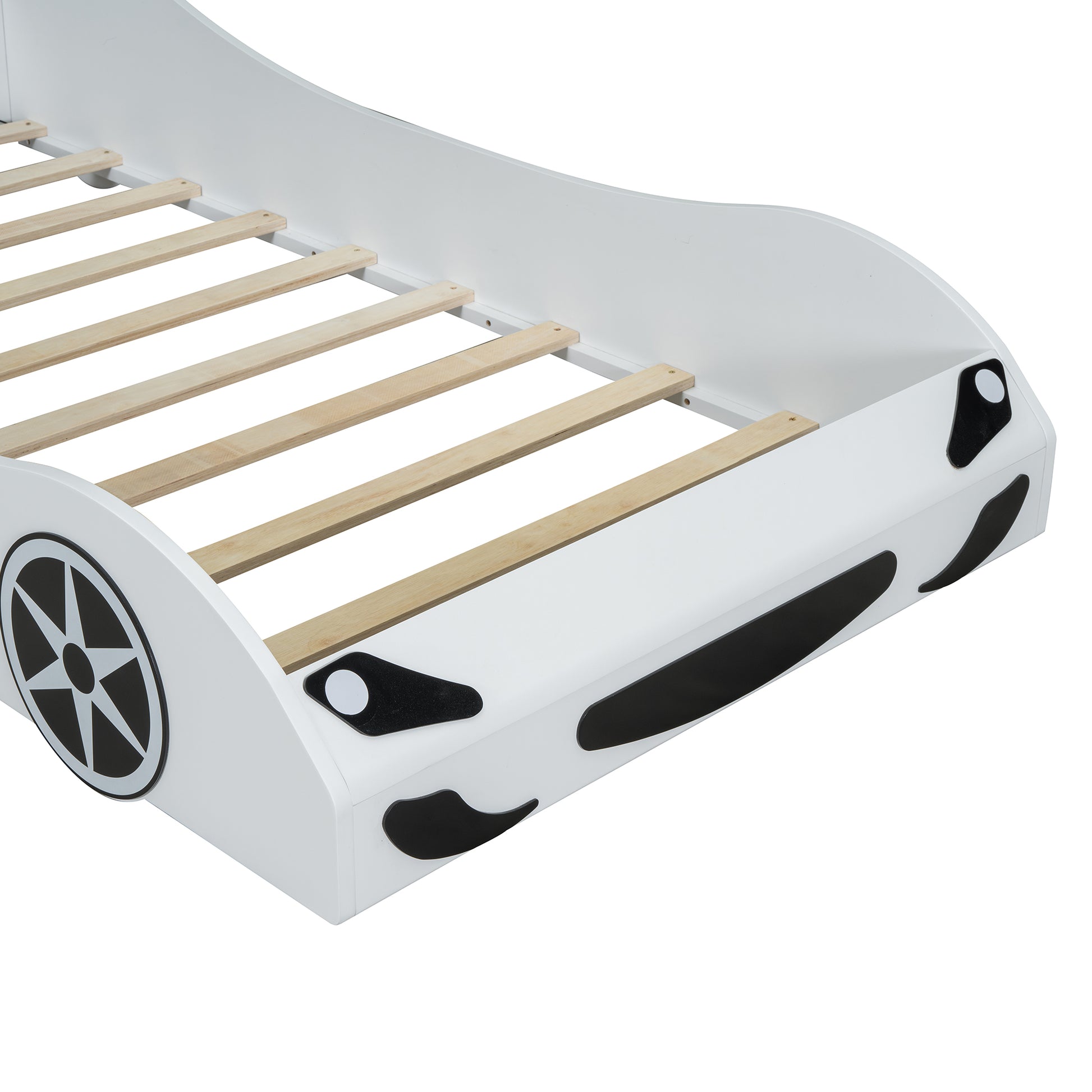 Wood Twin Size Race Car Shaped Platform Bed With Led And Upholstered Backrest, White Expected Arrival Time: 10.28 Box Spring Not Required Twin White Wood Faux Leather,Solid Wood Mdf