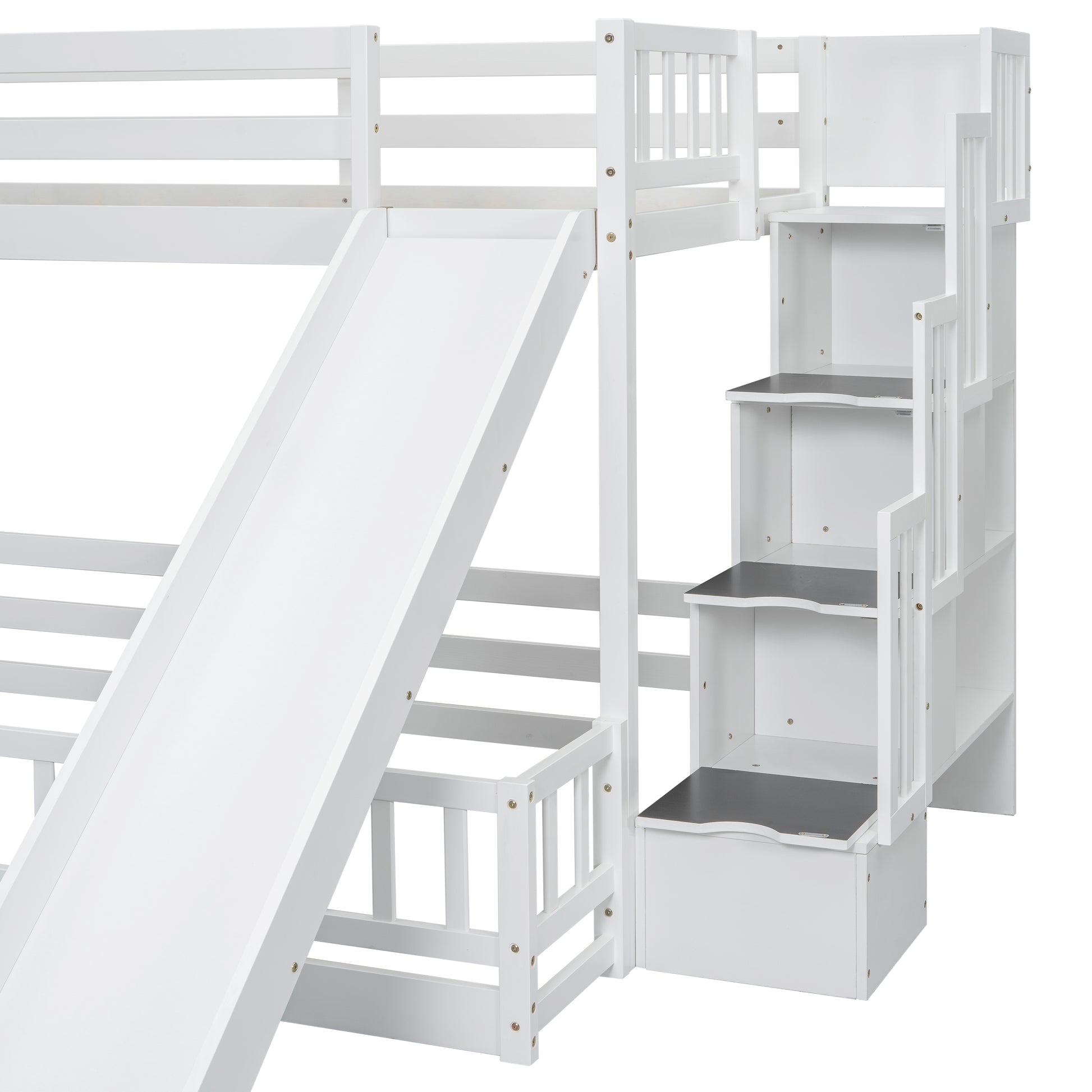 Twin Over Full Bunk Bed With Slide, Storage Staircase, Pine Solid Wooden Bunk Bed With Safety Guardrails,White White Pine