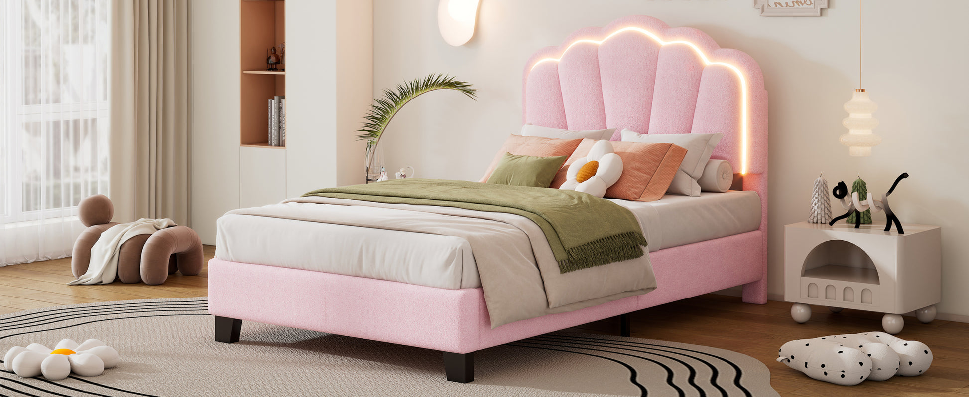 Twin Size Upholstered Flower Shape Bed, Elegant Flowers Headboard With Led Light Strip ,Sherpa Fabric Platform Bed With Wooden Slats Support, Pink Twin Pink Wood