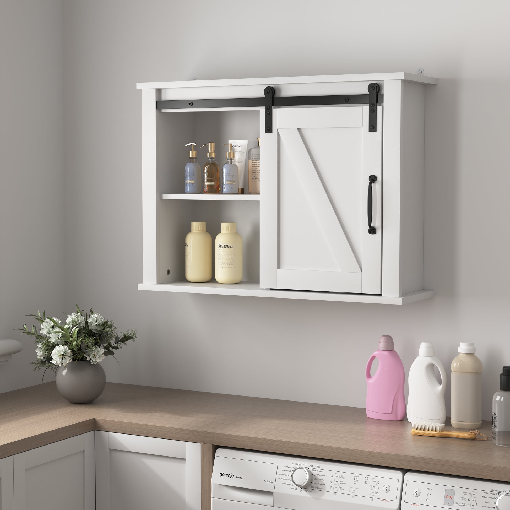 Bathroom Wall Cabinet With 2 Adjustable Shelves Wooden Storage Cabinet With A Barn Door 27.16X7.8X19.68 Inch White Mdf