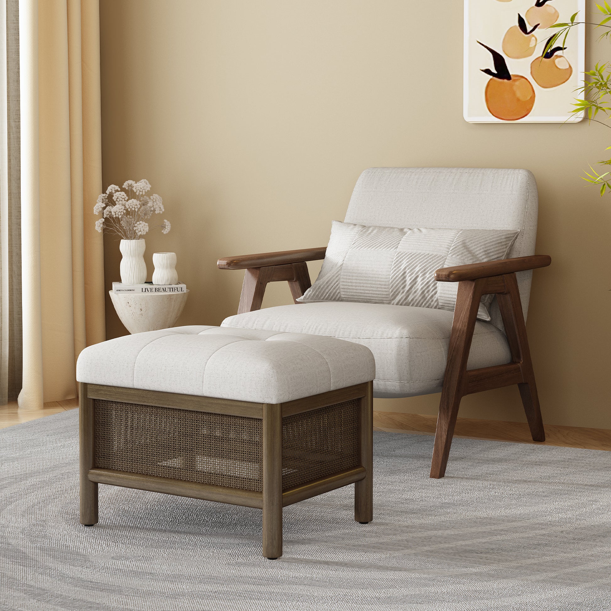 Cane Base Ottoman Dark Walnut Cream 21.5"*16"*17" White Deep Walnut Wood Soft American Traditional Hickory Wood Rectangle Wood Fabric
