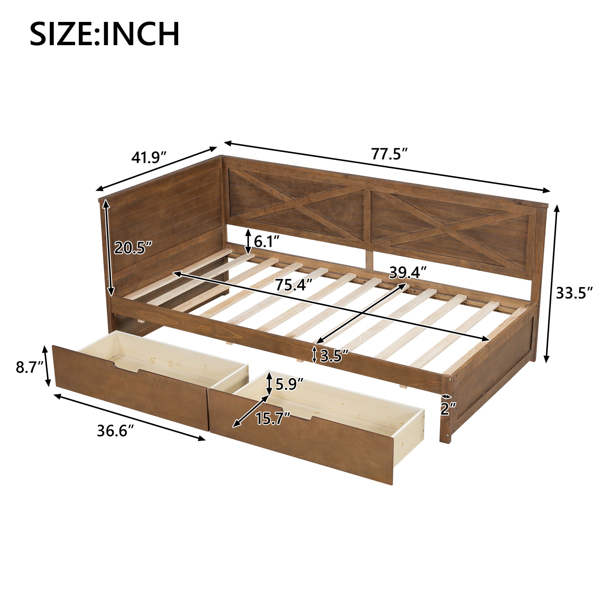 Twin Size Wood Daybed With 2 Drawers And Rustic Guardrail, Ancient Brown Expected Arrival Time: 8.28 Box Spring Not Required Twin Brown Wood Daybeds Solid Wood Mdf