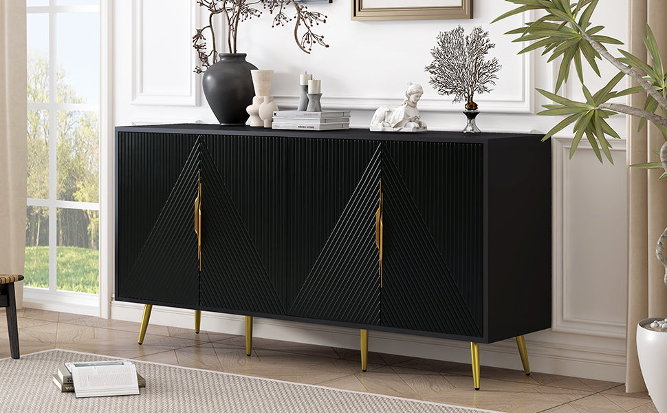 Stylish Sideboard With Wave Geometric Design, Conical Legs, Adjustable, Suitable For Study, Entryway And Living Room Black American Design Mdf