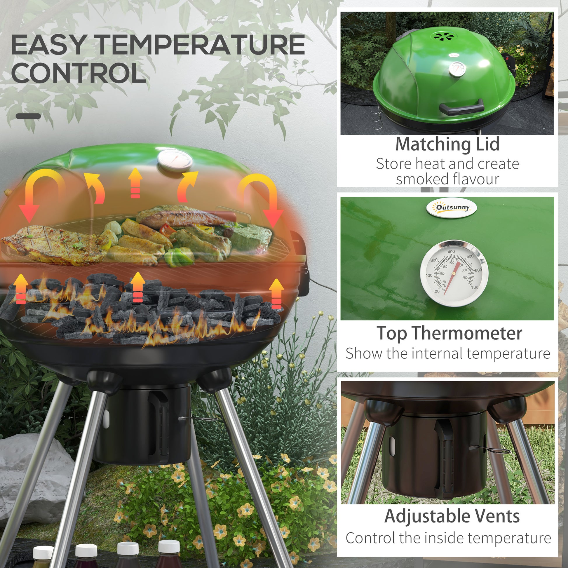 Outsunny 21" Kettle Charcoal Bbq Grill Trolley With 360 Sq.In. Cooking Area, Outdoor Barbecue With Shelf, Wheels, Ash Catcher And Built In Thermometer For Patio, Backyard Party, Green Green Steel
