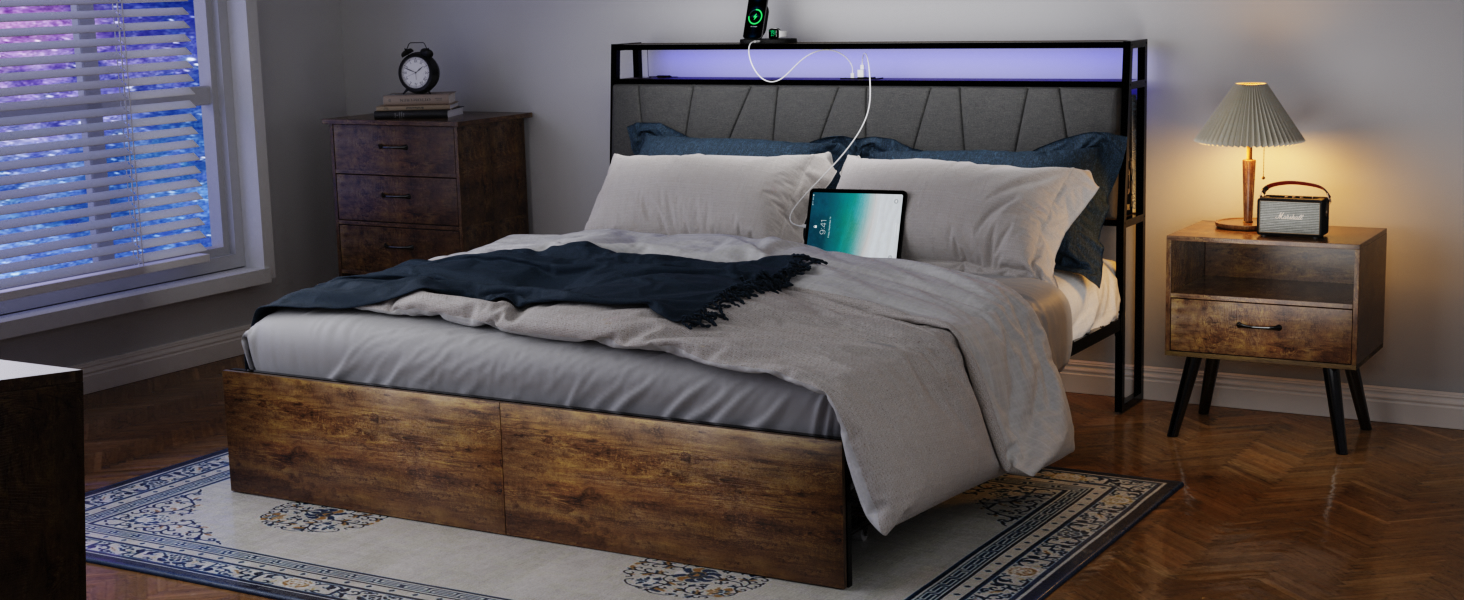 Queen Bed Frame With Storage, Ergonomic Headboard, Bed Frame With 2 Storage Drawers, Built In Charging Station & Led, Outlets & Usb, Queen Size, Noise Free, No Box Spring Needed, Rustic Brown Box Spring Not Required Queen Rustic Brown Metal Brown Bedroom