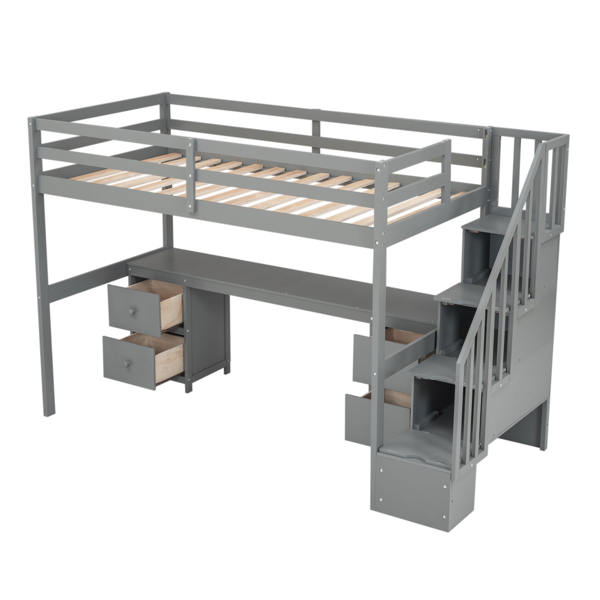 Twin Size Loft Bed Frame With Built In Desk And Double Storage Drawers,Gray Twin Gray Solid Wood Mdf