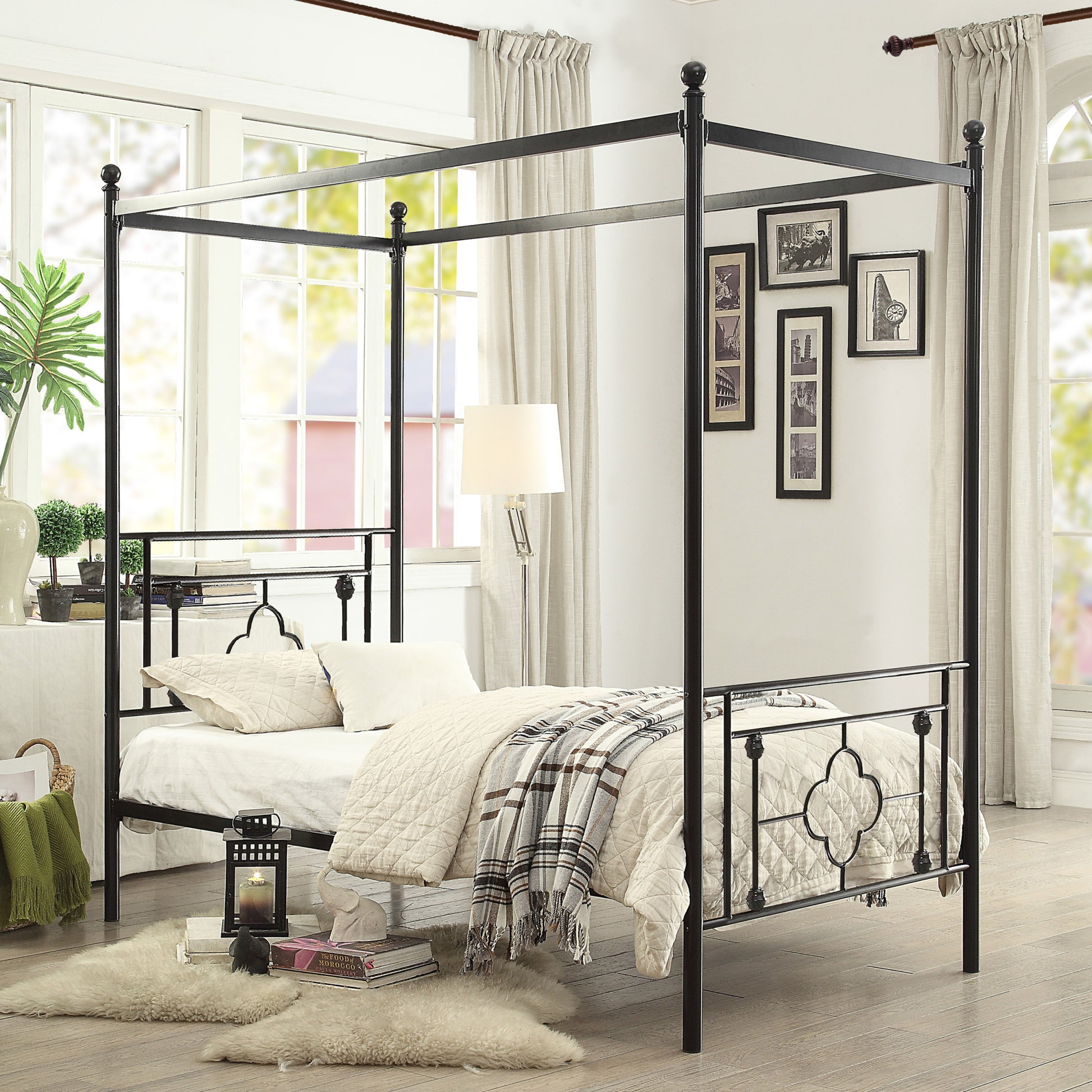 1Pc Twin Platform Canopy Bed Black Finish Metal Frame Ball Finials Modern Traditional Look Box Spring Not Required Twin Black Metal Bedroom Canopy Metal