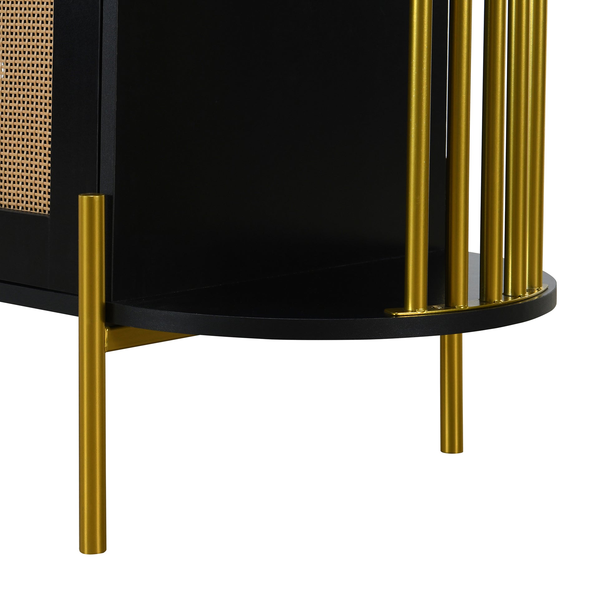 2 Door Elegant Curved Dining Cabinet With Gold Trim And Woven Rattan Doors For Dining Room Black Black Particle Board