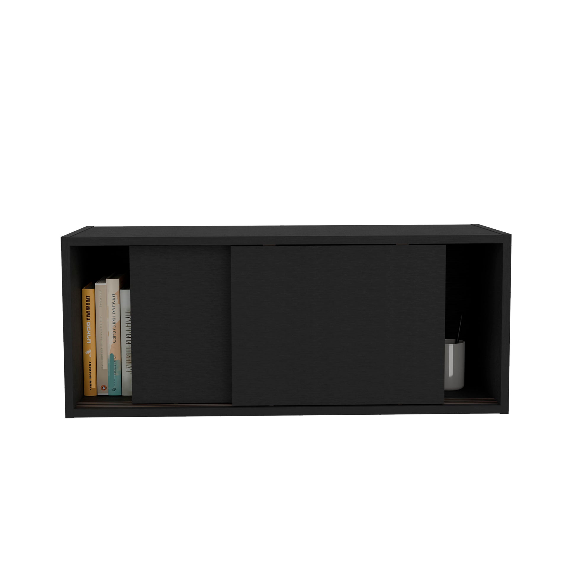 Note 32"W X 13" H Wall Cabinet With Sliding Doorswall Shelf, Storage Cabinet, Bedroom, Office, Living Room, Garage 1 2 Shelves Black Office Modern Particle Board