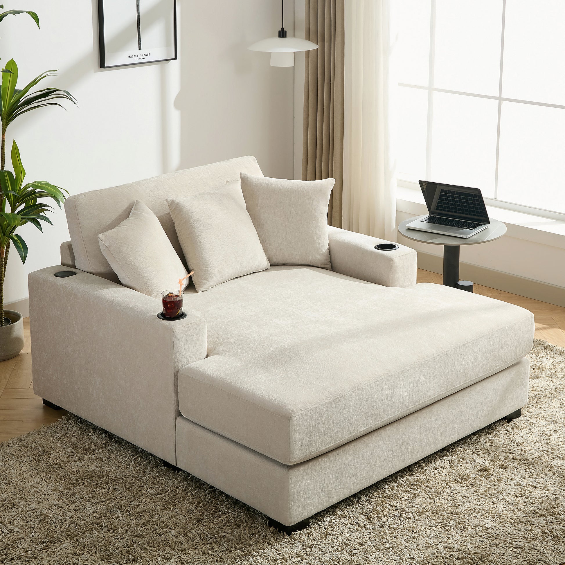 55" Oversized Chaise Lounger Modern Style Sofa Couch ,With Pillows, Charge Station & Cup Holders, Chenille Fabric, Cream Cream Chenille