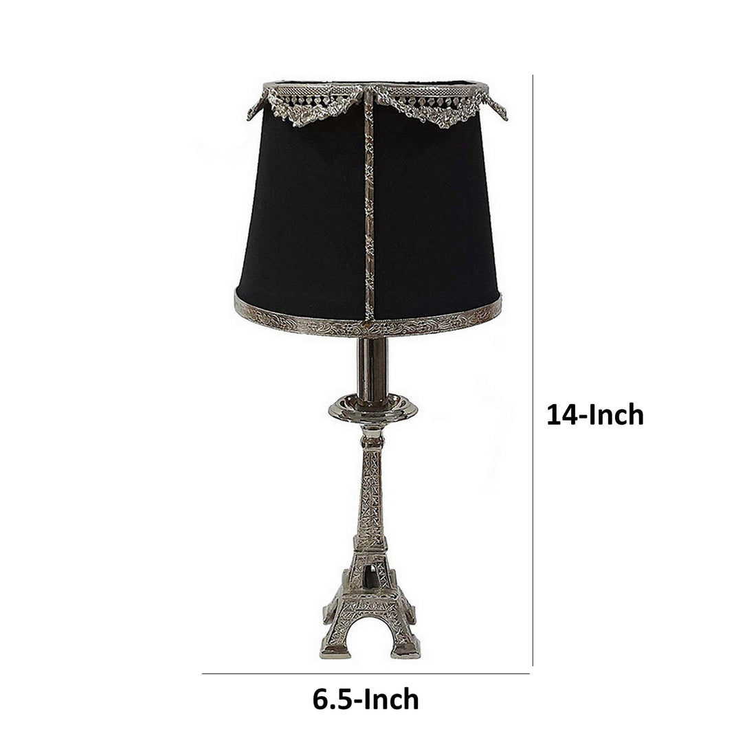 14 Inch Table Lamp, Metal Trimmed Shade, Nickel Finish, Eiffel Tower Base Black And Silver Aluminium