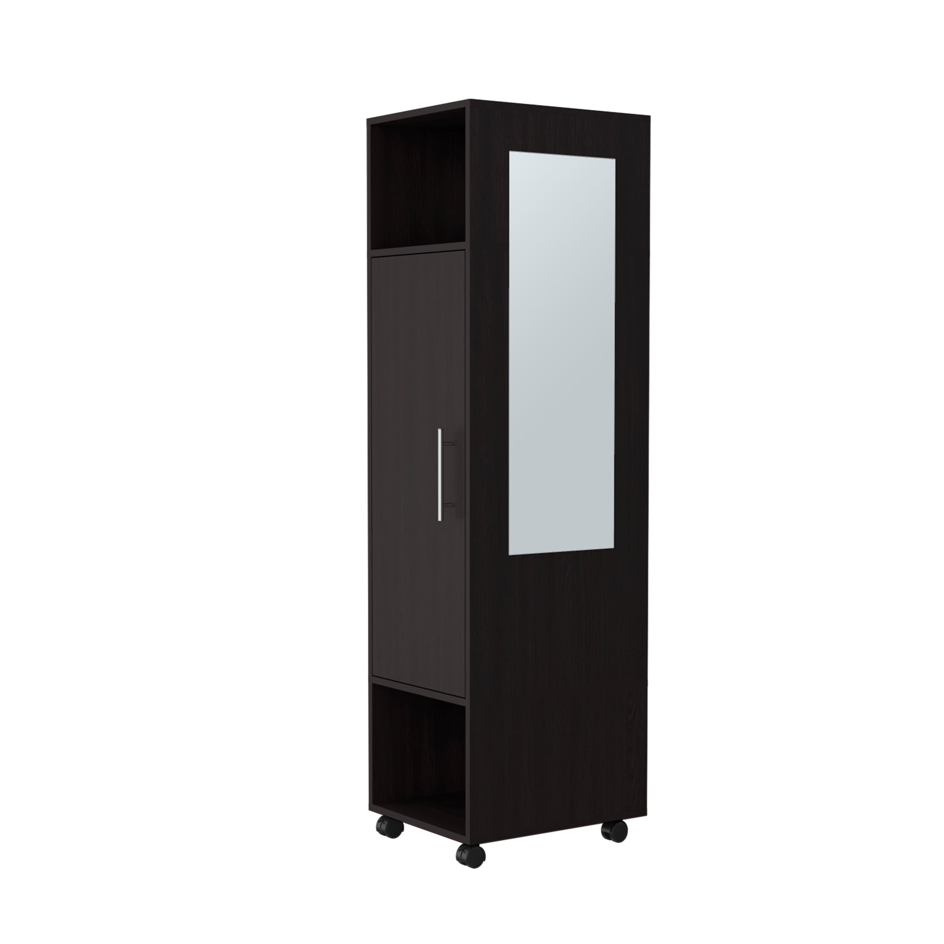 Cluster 63" Tall Wardrove One Door Cabinet With Mirror, Three Shelves, Casters And Hanging Rod, Armoire, Bedroom Clothes Storage, Cabinet Organizer Black Black Bedroom Modern Particle Board