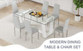 Table And Chair Set.A Rectangular Dining Table Features With Tempered Glass Top And Sleek White Mdf Stand.Paried With 6 Pu Chairs With Checkered Armless High Back And Electroplated Metal Legs. Light Gray,White Seats 6 Mdf Glass