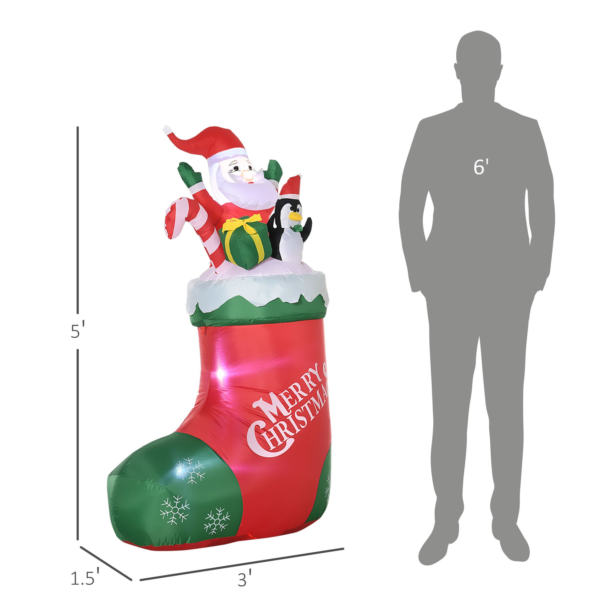 Outsunny 5Ft Christmas Inflatables Outdoor Decorations Santa And Penguin Standing In Sock With Candy Cane Gift Box, Blow Up Led Yard Christmas Decor For Lawn Garden Party Red Polyester