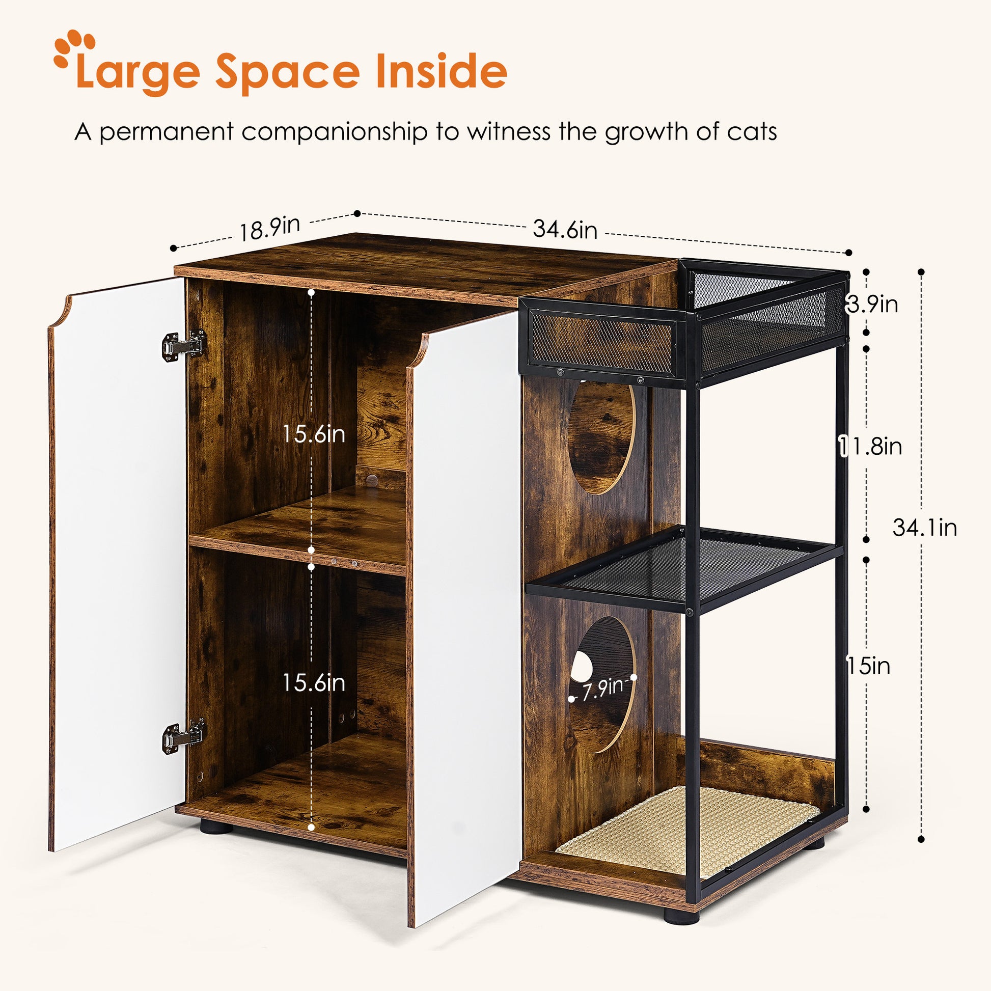 Litter Box Enclosure For 2 Cats.Cat Litter Box Furniture,Enclosed Cat Litter Boxes,Cat Furniture Cabinet,Rustic Brown White Walnut Particle Board