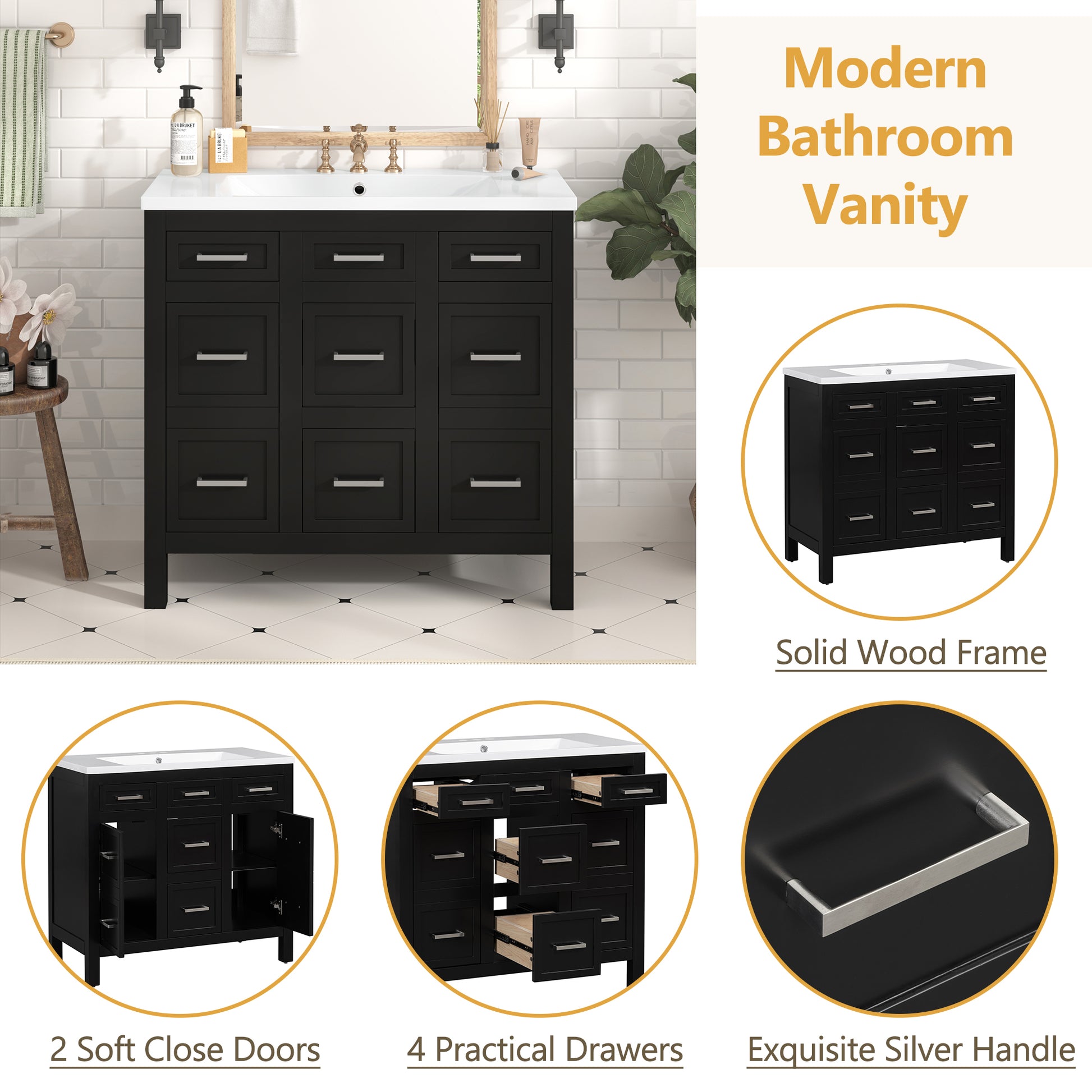 36" Bathroom Vanity Cabinet With Resin Integrated Sink 4 Drawers, 2 Doors Black Bathroom Solid Wood Mdf Resin