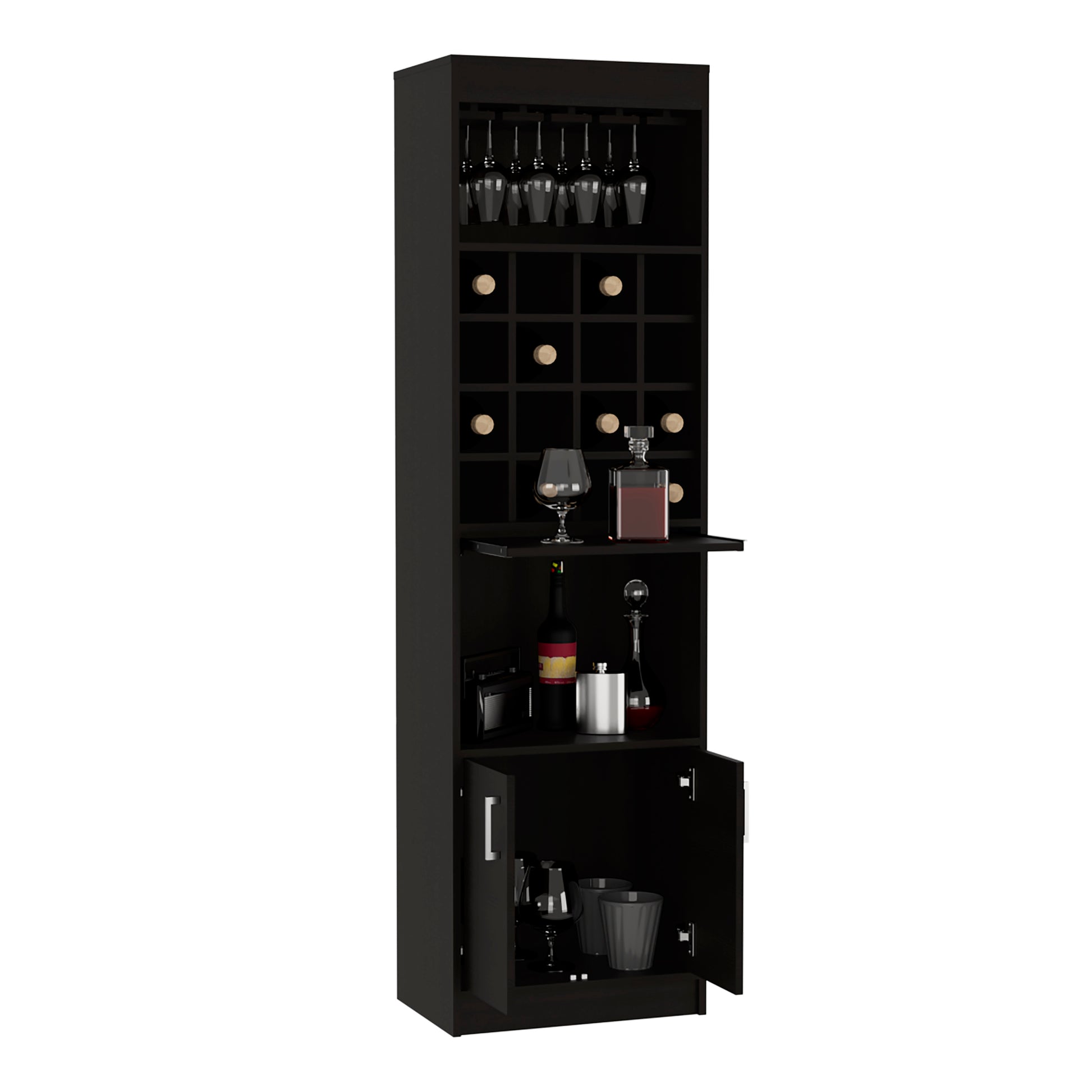 Kava Bar Cabinet, Concealable Serving Tray, Sixteen Built In Wine Rack, One Shelf, Double Door Black Black Particle Board Particle Board