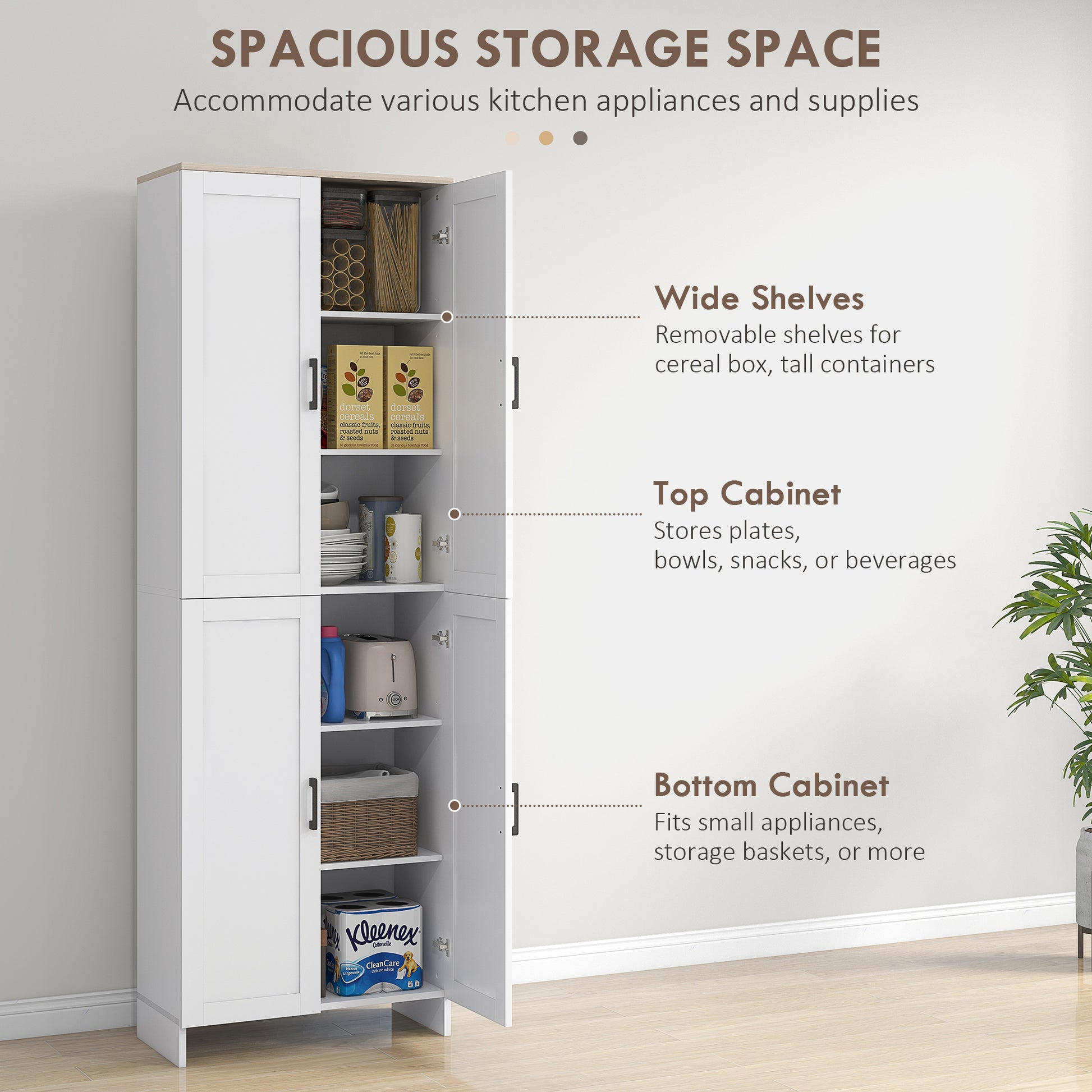 Homcom 72" Freestanding Kitchen Pantry, 4 Door Storage Cabinet Organizer With Adjustable Shelves, Kitchen Cabinet With Doors And Shelves, White White Particle Board