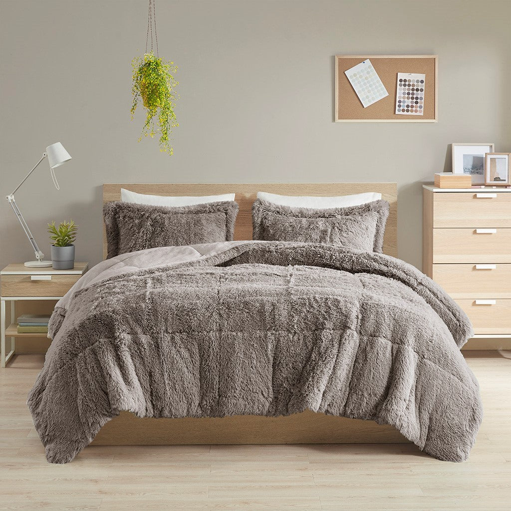 Shaggy Long Fur Comforter Mini Set Twin Grey Polyester