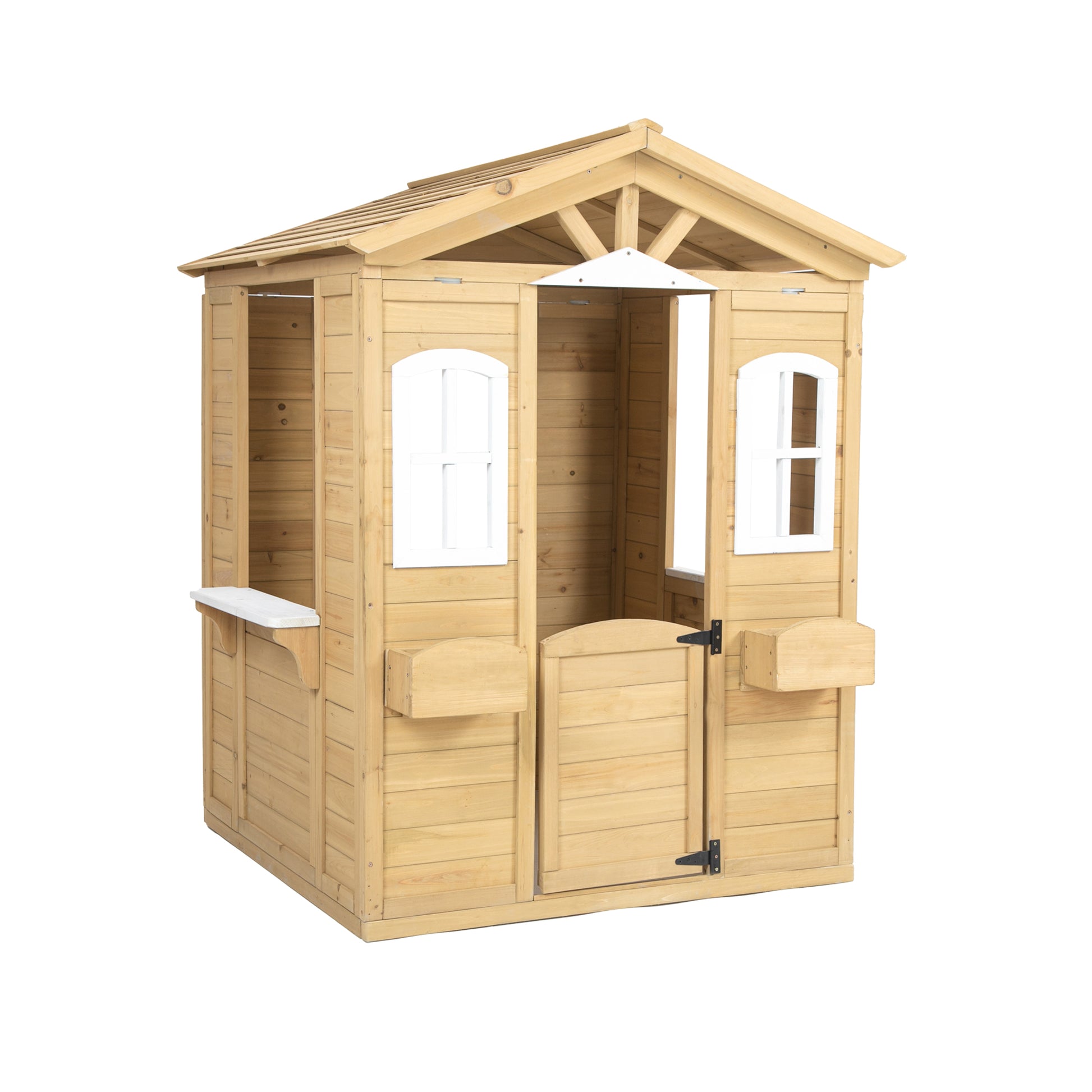 Wooden Playhouse For Kids Outdoor With Working Door, Windows, Mailbox, Bench, Flowers Pot Holder, 39" X 38" X 55.5" Natural Solid Wood