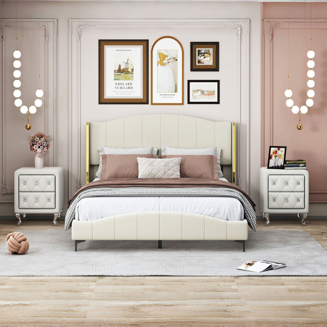3 Pieces Bedroom Set With Queen Size Pu Leather Upholstered Platform Bed And Elegant Pu Nightstand With 2 Drawersbeige Box Spring Not Required Queen Beige 3 Piece Set Pu