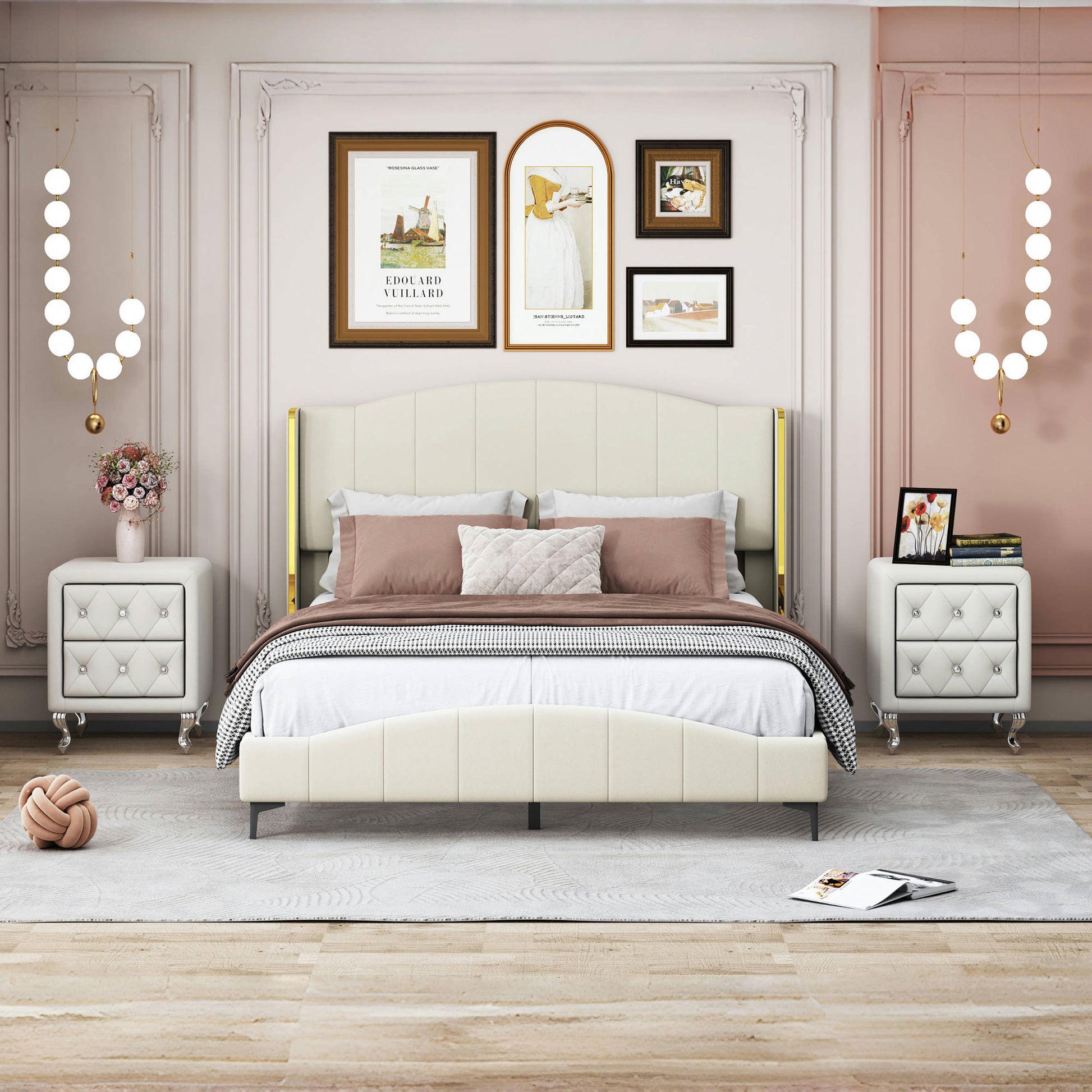 3 Pieces Bedroom Set With Queen Size Pu Leather Upholstered Platform Bed And Elegant Pu Nightstand With 2 Drawersbeige Box Spring Not Required Queen Beige 3 Piece Set Pu