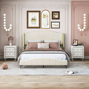 3 Pieces Bedroom Set With Queen Size Pu Leather Upholstered Platform Bed And Elegant Pu Nightstand With 2 Drawersbeige Box Spring Not Required Queen Beige 3 Piece Set Pu