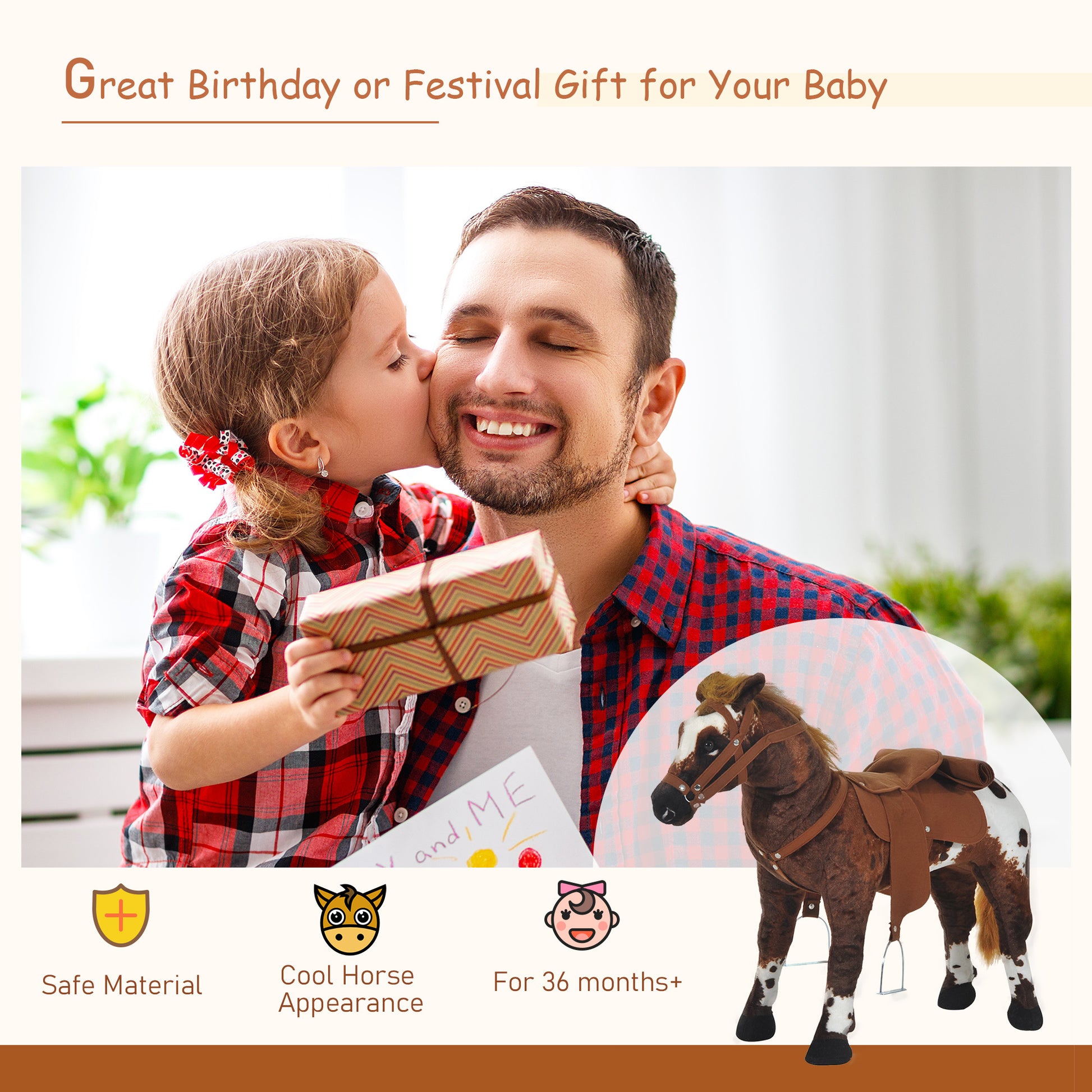 Qaba Sound Making Ride On Horse For Toddlers 3 5, With Neighing And Galloping Sound, Stuffed Animal Horse Toy For Kids With Padding, Soft Feel, Brown Brown Plush