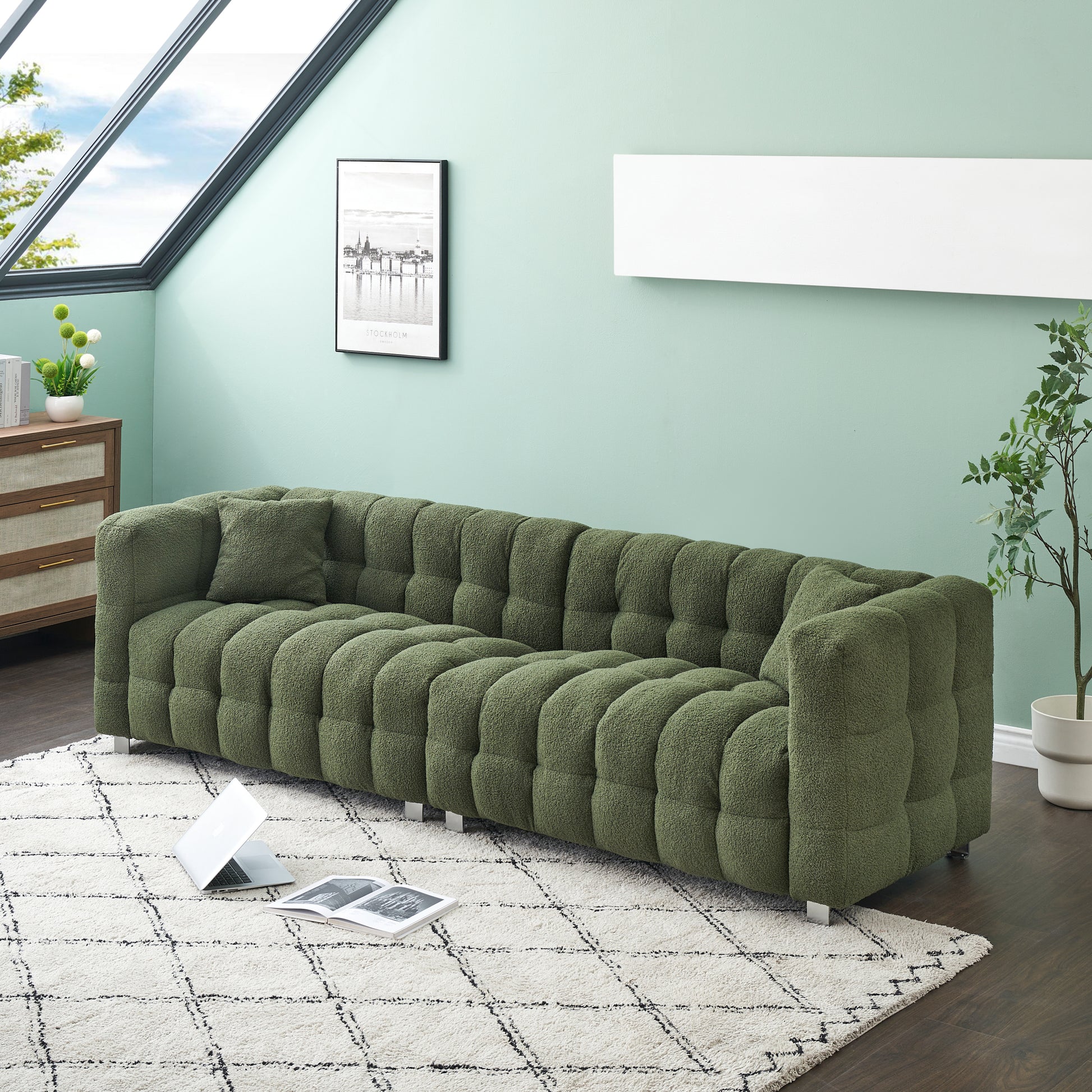 102 Inch Green Teddy Fleece Sofa With Two Throw Pillows In Living Room Bedroom Apartment Sofa Supported By Hardware Feet Green Polyester Blend 4 Seat