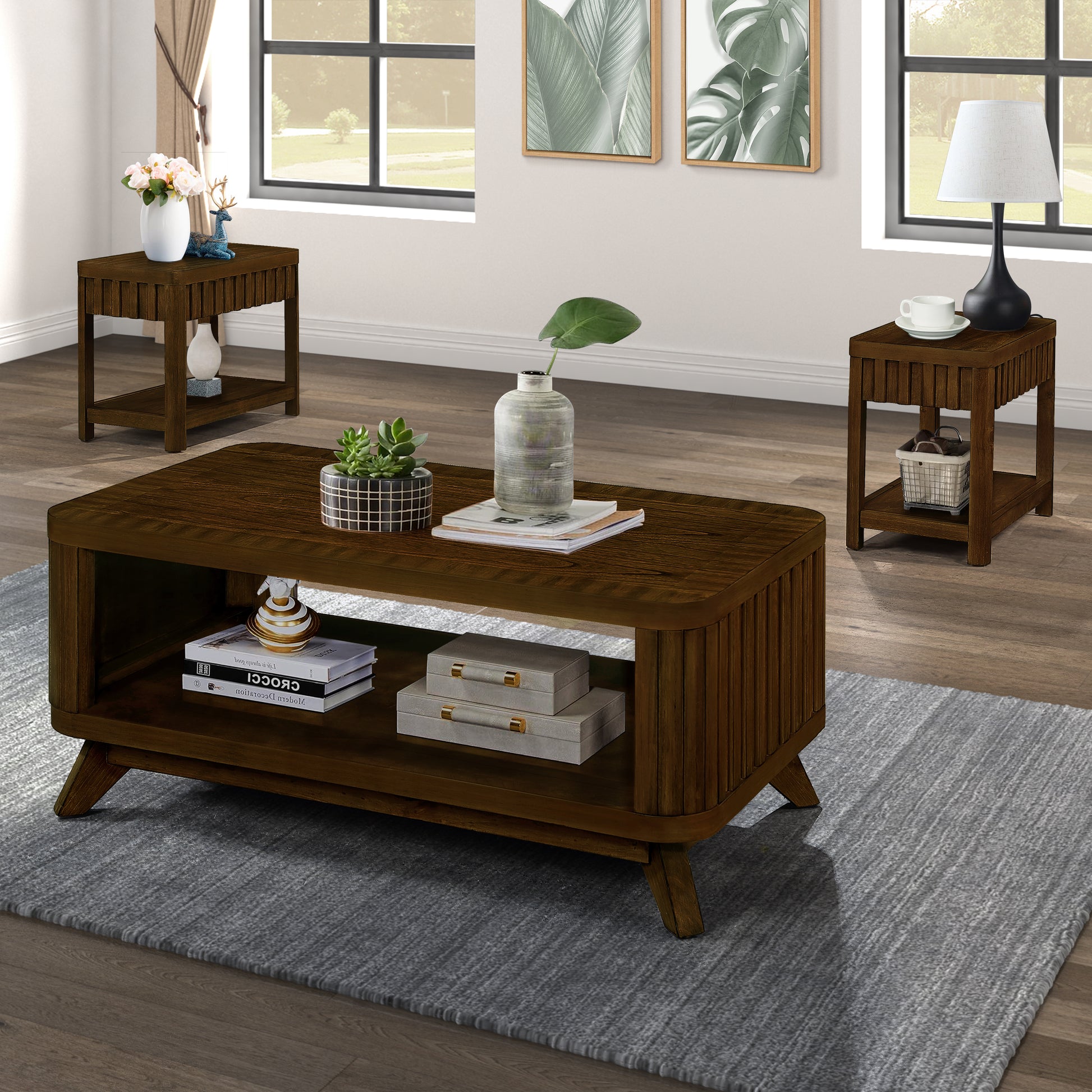 Rectangular Wood Coffee Table For Living Room, 41.5 Inch Coffee Table With Solid Wood Legs, Wood Center Table Tea Table With Open Storage Shelf. Easy Assembly, Walnut Walnut Pine