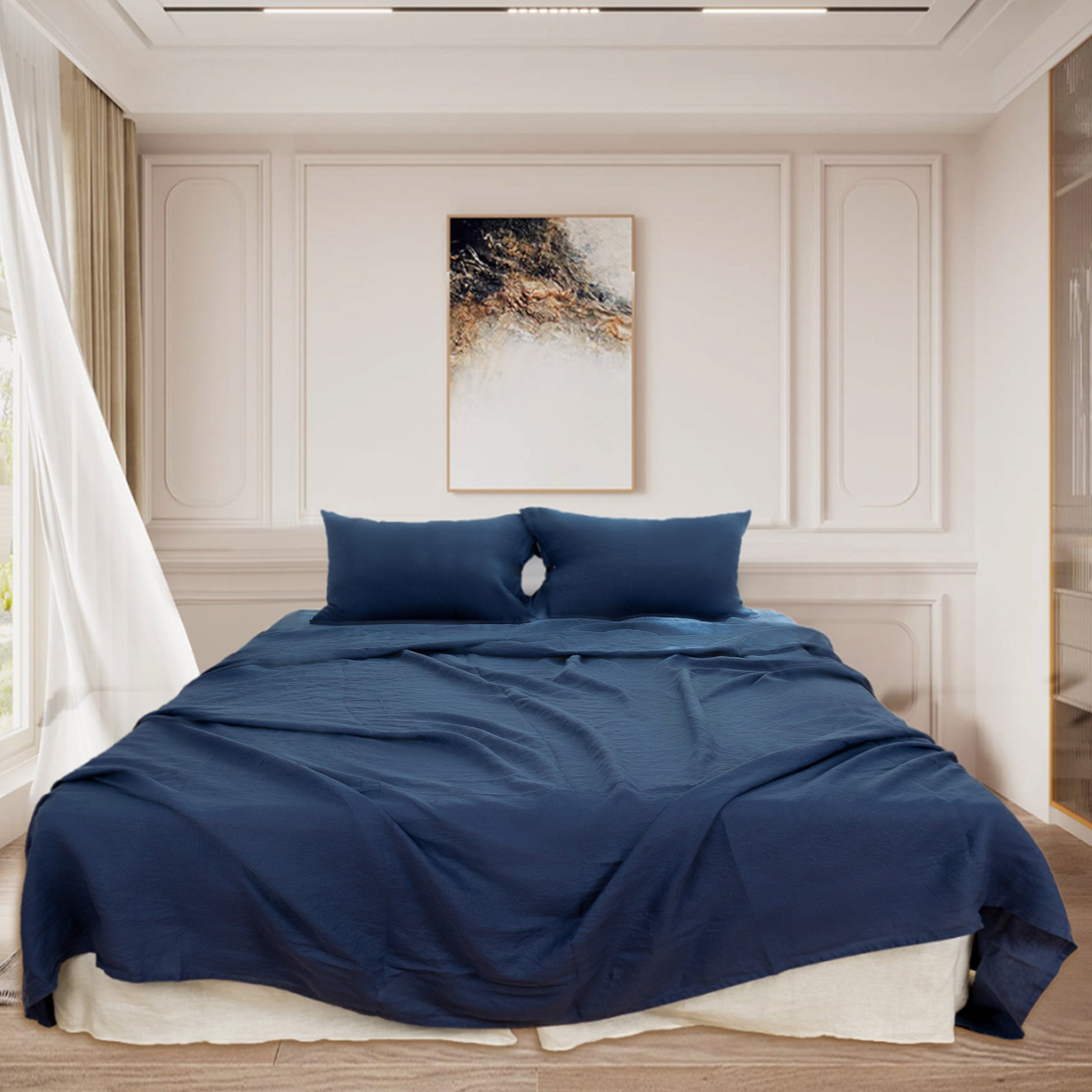 Luxury Full Queen Flat Sheet 1 Pc, Bed Sheets Queen Size, Hotel Sheets, Soft Linen Sheets,& Fade Resistant Full Size Bed Sheets Navy Linen