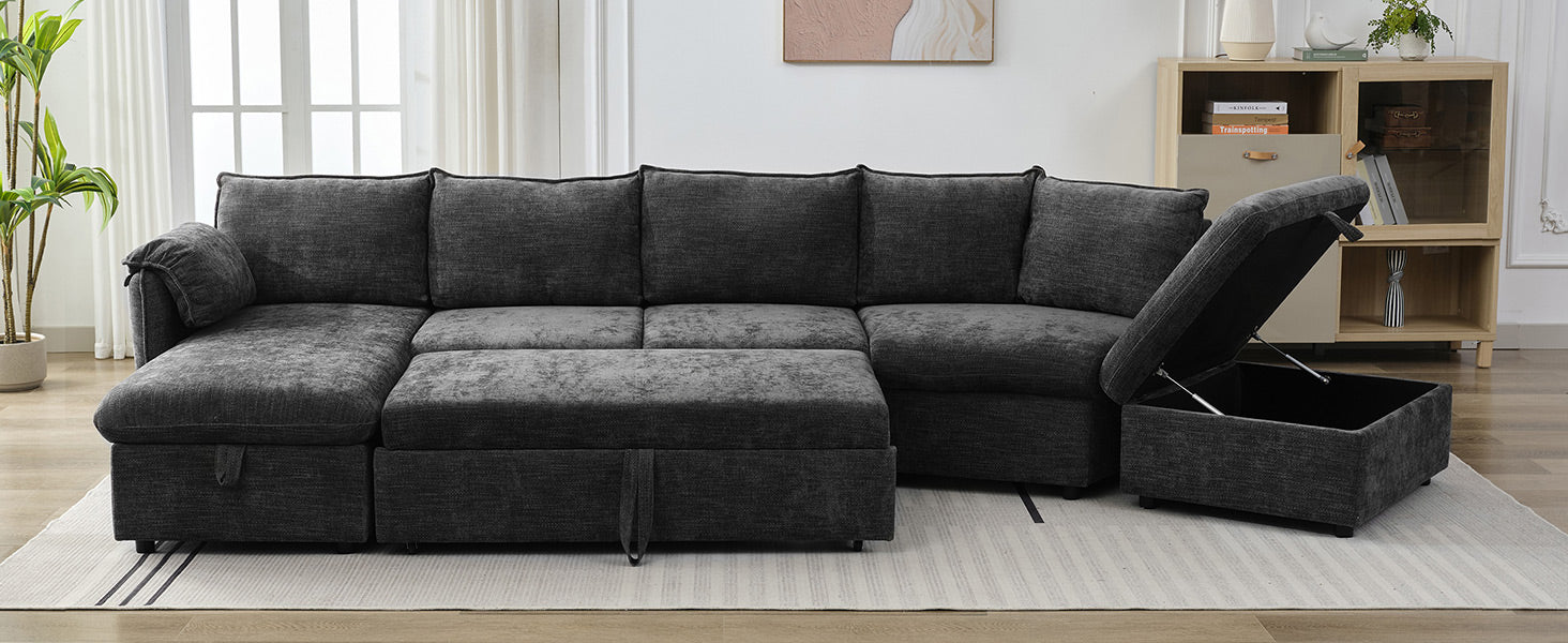 146.9" L Shaped Sofa Sectional Sofa Couch Pull Out Sofa Bed With A Movable Storage Ottoman, A Storage Chaise Lounge And Two Usb Ports For Living Room, Grey Grey Foam Linen 5 Seat