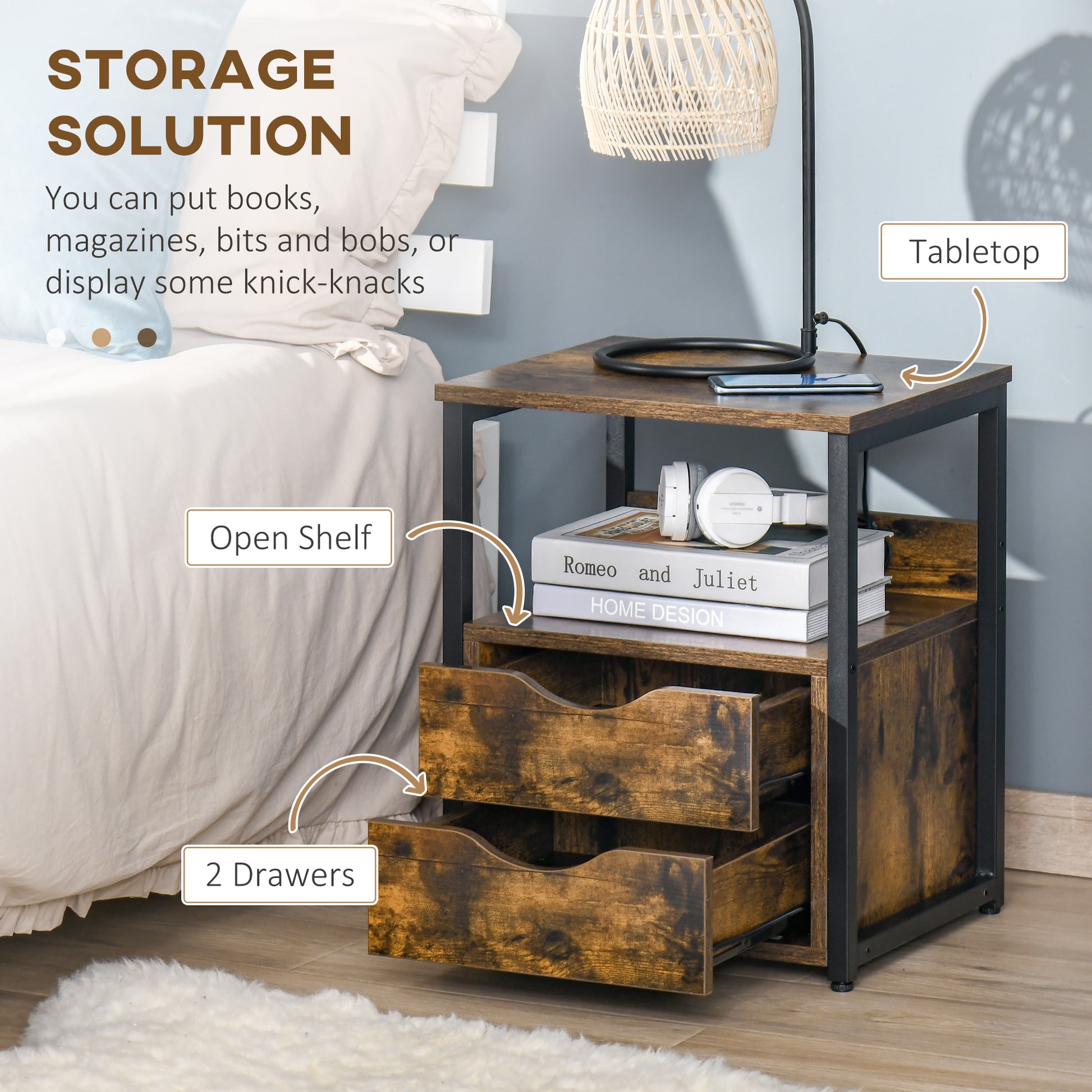 Homcom Industrial Side Table With 2 Drawers, Small End Table With Storage Shelf, Accent Sofa Table With Groove Handle And Metal Frame For Living Room, Brown Rustic Brown Particle Board