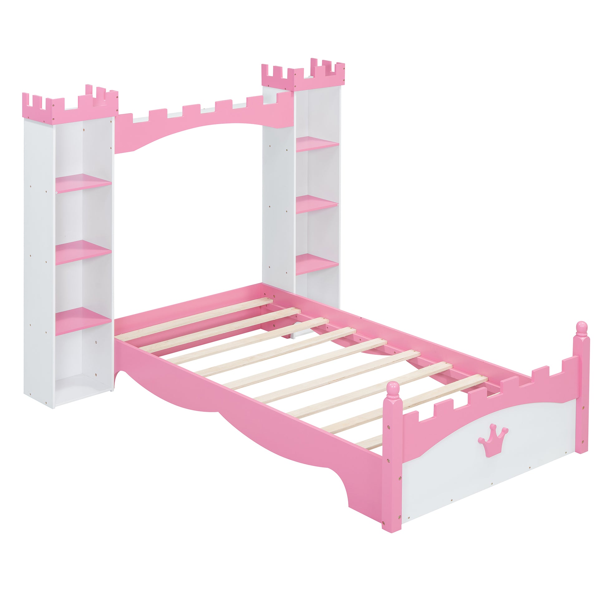 Castle Shaped Wooden Bed With Storage Shelf, Dreamy Twin Size Platform Bed For Kids Bedroom, White Pink Expected Arrival Time:8.14 Twin White Pink Wood