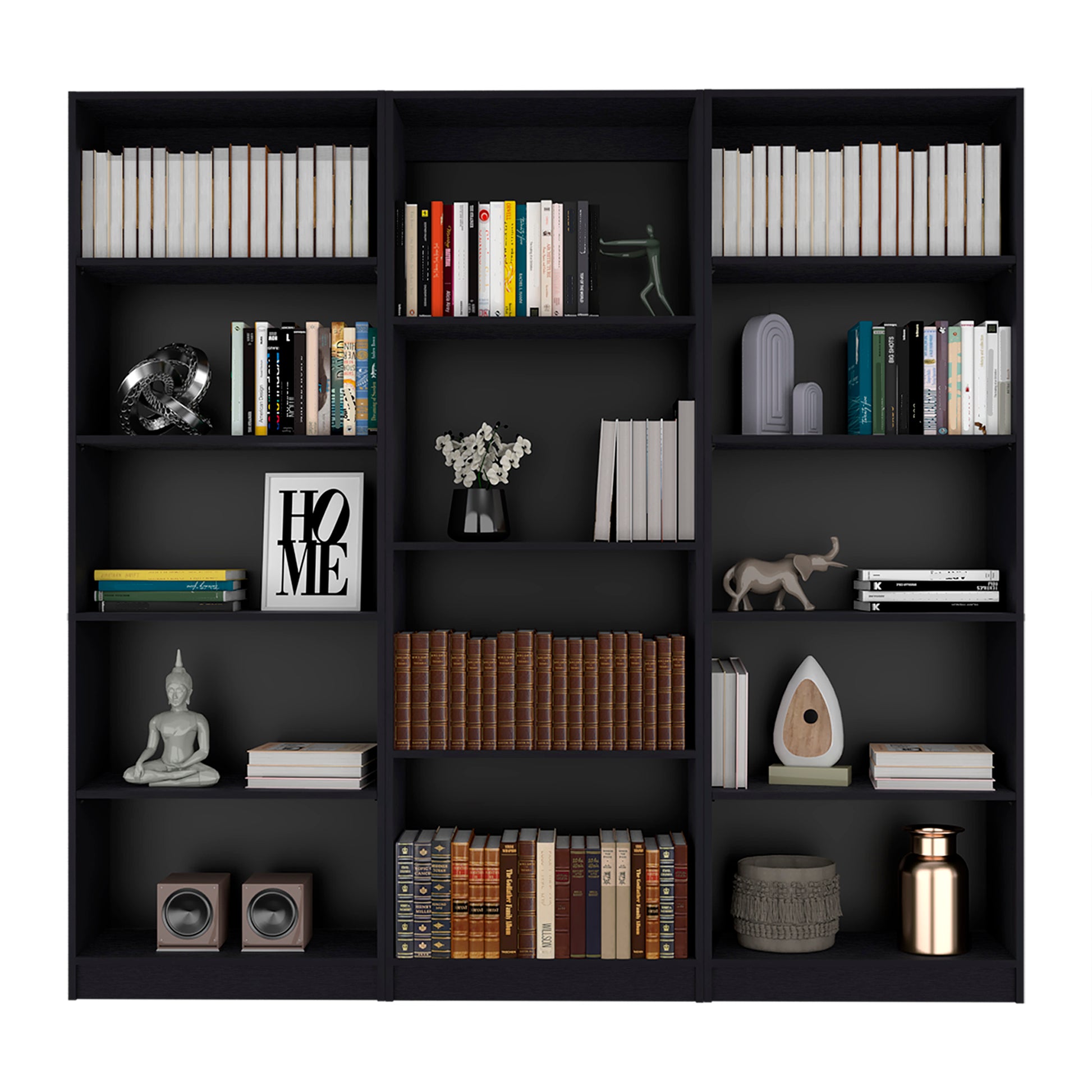 Bartow 3 Piece Home Bookcase Set, 74" Wide With 14 Shelvesliving Room Set Set Black 5 Or More Shelves Black Modern Particle Board