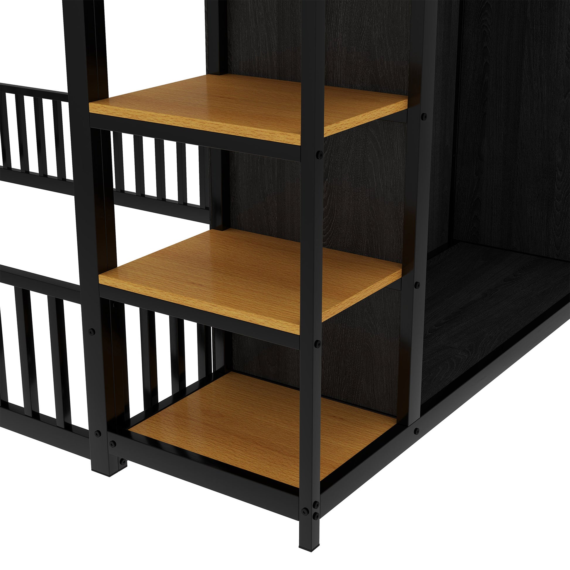 Full Size Floor Bed Frame With Wardrobe, Metal Floor Bed With Storage Shelves, Black Full Black Metal