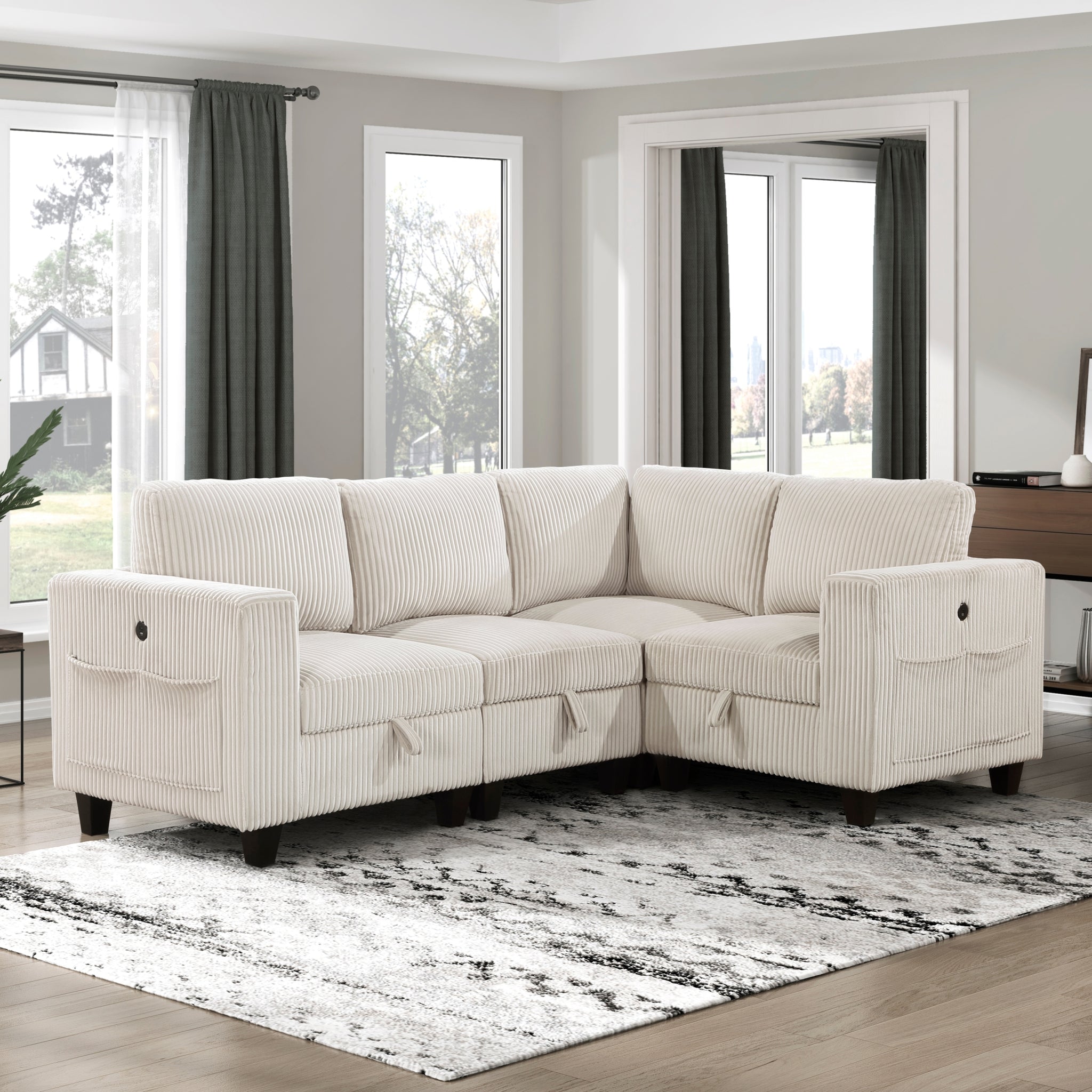 4 Piece Modular Sectional With Storage Seats, Side Pockets, Charging Ports Beige Corduroy Fabric Modern Living Room Sectional Couch Solid Wood Furniture Beige Polyester Wood Primary Living Space Modern Solid Wood 4 Seat