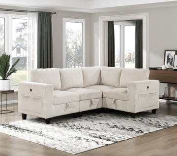 4 Piece Modular Sectional With Storage Seats, Side Pockets, Charging Ports Beige Corduroy Fabric Modern Living Room Sectional Couch Solid Wood Furniture Beige Polyester Wood Primary Living Space Modern Solid Wood 4 Seat