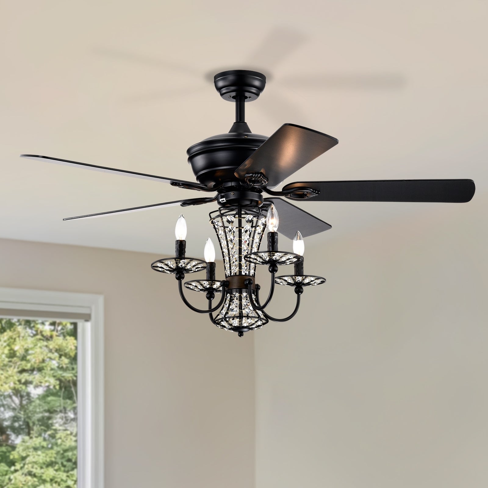 52 Inch Crystal Chandelier Fan With Lights And Remote Control, Modern Ceiling Fan With Dual Finish Reversible Blades, Fandelier For Living Room, Dining Room, Bedroom, Family Room, Matte Black Matte Black American Traditional,Antique,Classic,Contemporary