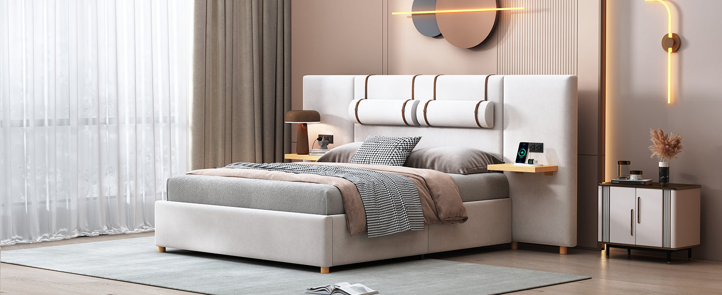 Queen Size Upholstered Platform Bed, Two Outlets And Usb Charging Ports On Both Sides, Two Bedside Pillows, Storage Shelves,Velvet, Beige Queen Beige Mdf Lvl