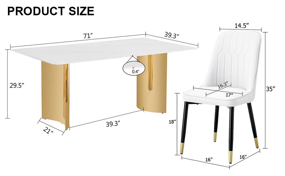 Table And Chair Set.The Table Has A Glass Top With Imitation Marble Pattern Stickers And Stainless Steel Golden Legs. Paried With Chairs With Pu Artificial Leather Backrest Cushions And Black Legs. White Gold Seats 8 Glass Metal