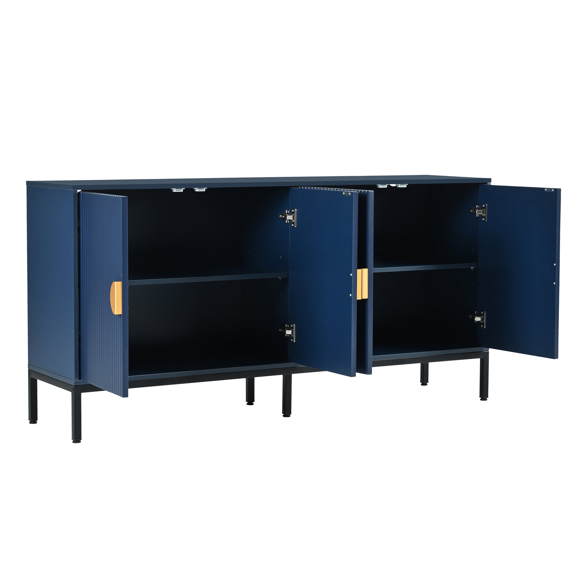 Exquisite Vertical Striped Four Door Sideboard With Sturdy Metal Legs And Semi Circular Handles, Suitable For Study, Entryway And Living Room Navy Blue Primary Living Space American Design Mdf