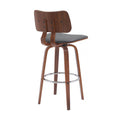 Pino 30 Inch Swivel Barstool Chair, Gray Faux Leather, Walnut Brown Wood Grey Brown Wood