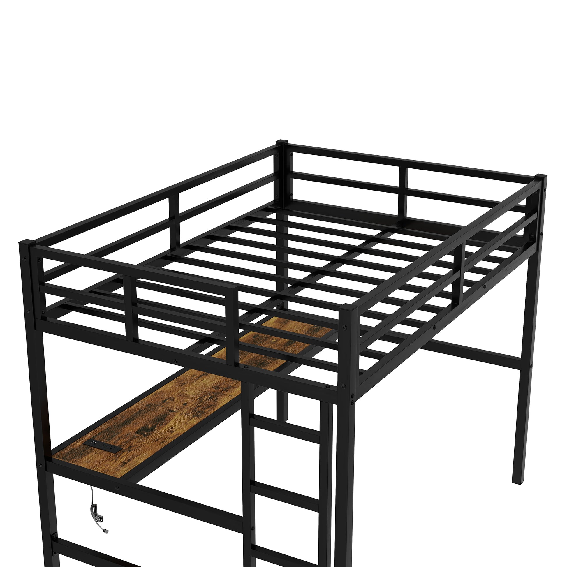 Metal Full Size Loft Bed With Power Outlet And Led Lighted, Space Saving, Noise Reduced, Black Full Black Metal