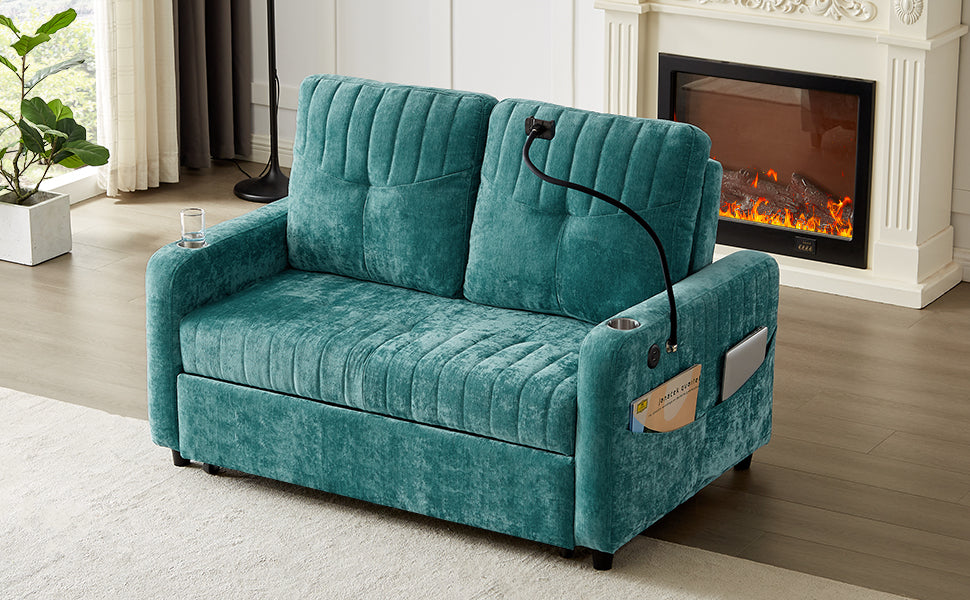 53.9" Modern Loveseat Pull Out Sofa Bed With Adjustable Backrest, Two Cup Holdersa Phone Holder, Three Charging Ports And Side Storage Pockets For Living Room, Teal Teal Foam Chenille