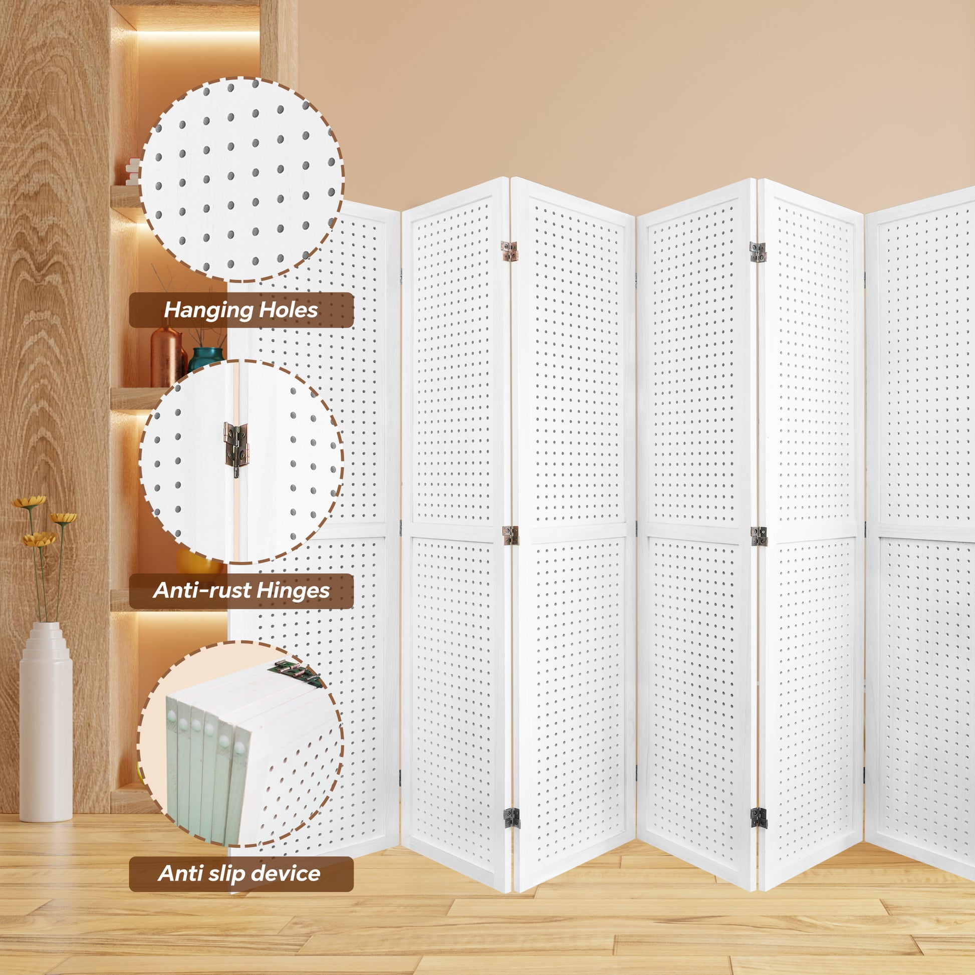 6 Panel Room Divider, 5.6Ft Pegboard Display Wooden Room Divider Folding Privacy Screen Room Divider Freestanding Peg Board Display For Trade Show Craft Show Home Wall Organizer,Elegant White White Modern Wood